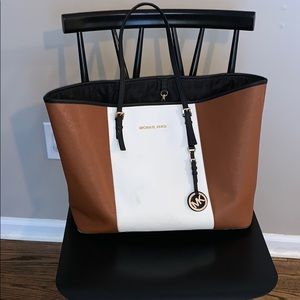 Large Michael Kors tote- white, brown and black.